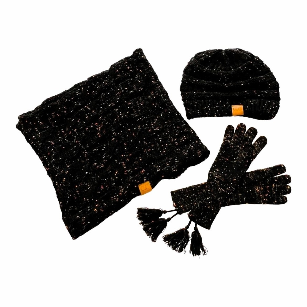 NWOT C.C Womens Black Speckle 4 Piece Winter Accessories Set Gloves Hat Scarf